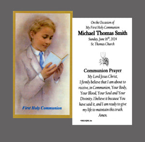 On the Occasion of..(boy) - Personalized First Communion Laminated Prayer Cards - Pack of 35