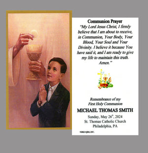 Communion Prayer Boy 2 - Personalized First Communion Laminated Prayer Cards - Pack of 35
