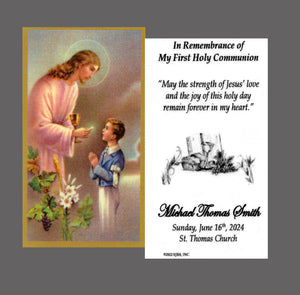 My First Holy Communion (boy) - Personalized First Communion Laminated Prayer Cards - Pack of 35