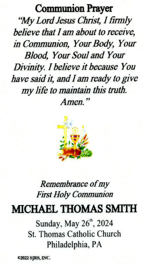 Communion Prayer Boy 2 - Personalized First Communion Laminated Prayer Cards - Pack of 35