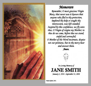 Memorare Funeral Memorial Laminated Prayer Cards - Pack of 60