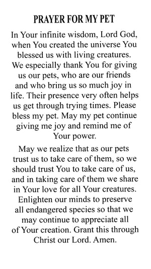 Prayer For My Pet A - LAMINATED HOLY CARDS- QUANTITY 25 PRAYER CARDS