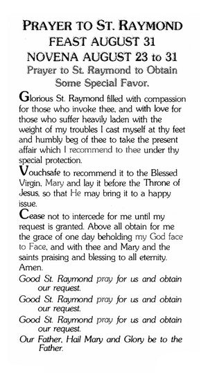 Prayer to St. Raymond A - LAMINATED HOLY CARDS- QUANTITY 25 PRAYER CARDS