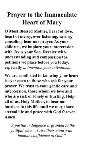 Prayer to the Immaculate Heart of Mary A - LAMINATED HOLY CARDS- QUANTITY 25 PRAYER CARDS