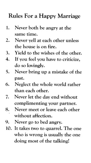 Rules For a Happy Marriage A - LAMINATED HOLY CARDS- QUANTITY 25 PRAYER CARDS