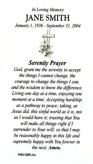 Serenity Prayer Funeral Memorial Laminated Prayer Cards - Pack of 60