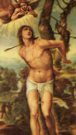 St. Sebastian Martyr A - LAMINATED HOLY CARDS- QUANTITY 25 PRAYER CARDS