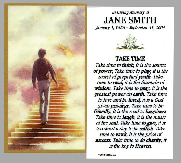 Take Time Funeral Memorial Laminated Prayer Cards - Pack of 60