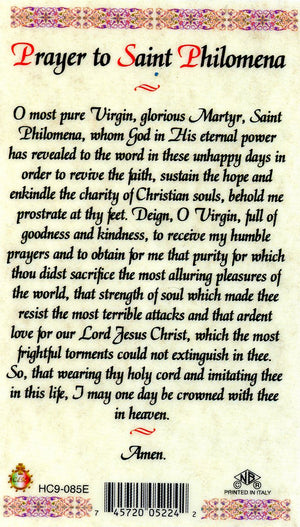 Prayer to St. Philomena U - LAMINATED HOLY CARDS- QUANTITY 25 PRAYER CARDS