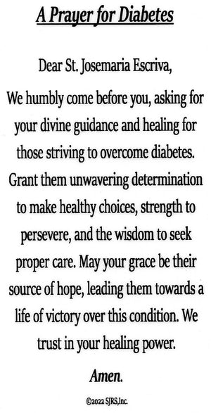 A Prayer for Diabetes U - LAMINATED HOLY CARDS- QUANTITY 25 PRAYER CARDS