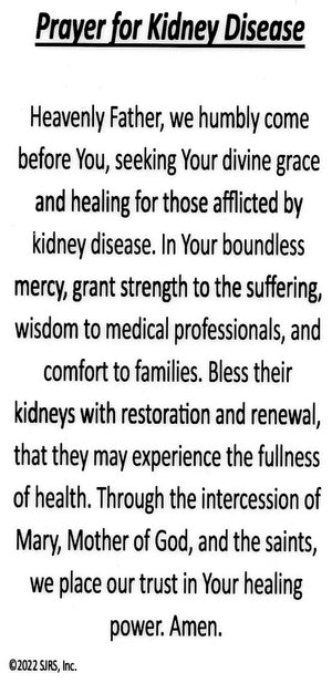 Prayer for Kidney Disease U - LAMINATED HOLY CARDS- QUANTITY 25 PRAYER CARDS