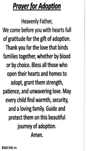 Prayer for Adoption U - LAMINATED HOLY CARDS- QUANTITY 25 PRAYER CARDS