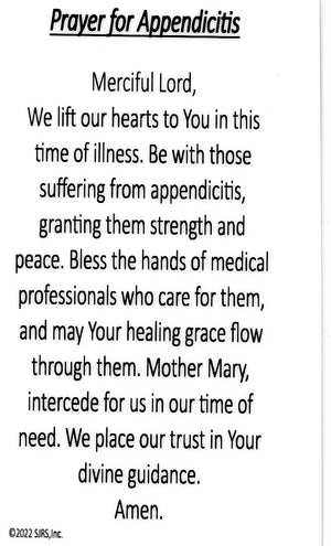 Prayer for Appendicitis U - LAMINATED HOLY CARDS- QUANTITY 25 PRAYER CARDS