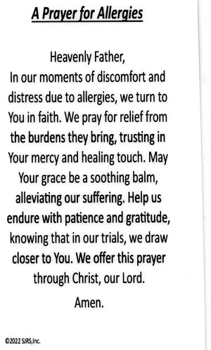 A Prayer for Allergies U - LAMINATED HOLY CARDS- QUANTITY 25 PRAYER CARDS