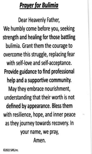 Prayer for Bulimia U - LAMINATED HOLY CARDS- QUANTITY 25 PRAYER CARDS