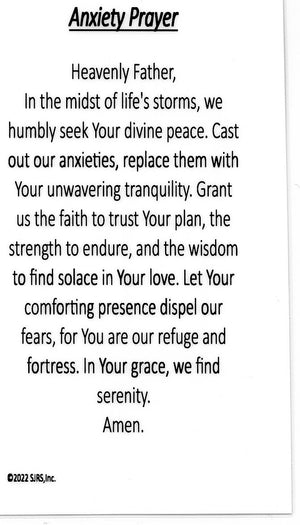 Anxiety Prayer U - LAMINATED HOLY CARDS- QUANTITY 25 PRAYER CARDS