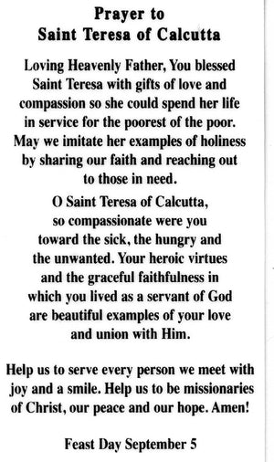 Prayer to St. Teresa of Calcutta U - LAMINATED HOLY CARDS- QUANTITY 25 PRAYER CARDS