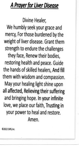 A Prayer for Liver Disease U - LAMINATED HOLY CARDS- QUANTITY 25 PRAYER CARDS