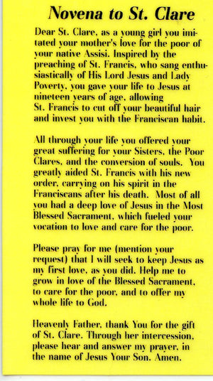 Novena to St. Clare Prayer U - LAMINATED HOLY CARDS- QUANTITY 25 PRAYER CARDS