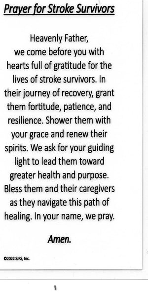 Prayer for Stroke Survivors U - LAMINATED HOLY CARDS- QUANTITY 25 PRAYER CARDS