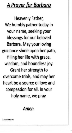 A Prayer for Barbara U - LAMINATED HOLY CARDS- QUANTITY 25 PRAYER CARDS