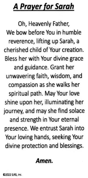 A Prayer for Sarah U - LAMINATED HOLY CARDS- QUANTITY 25 PRAYER CARDS