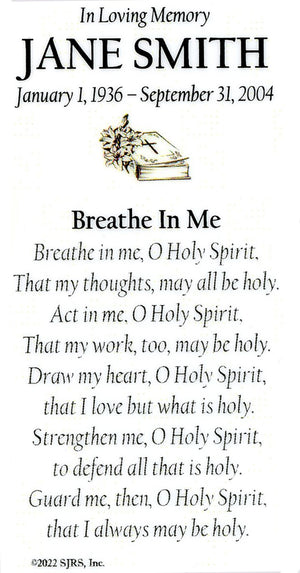 Breathe In Me Funeral Memorial Laminated Prayer Cards - Pack of 60