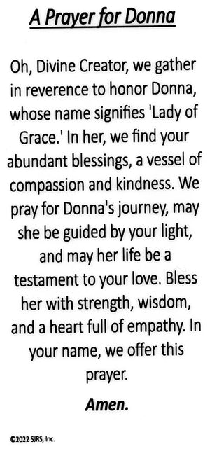 A Prayer for Donna U - LAMINATED HOLY CARDS- QUANTITY 25 PRAYER CARDS