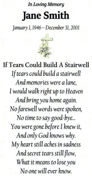 If Tears Could Funeral Memorial Laminated Prayer Cards - Pack of 60