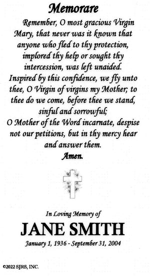 Memorare Funeral Memorial Laminated Prayer Cards - Pack of 60