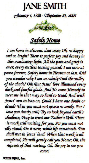 Safely Home Funeral Memorial Laminated Prayer Cards - Pack of 60