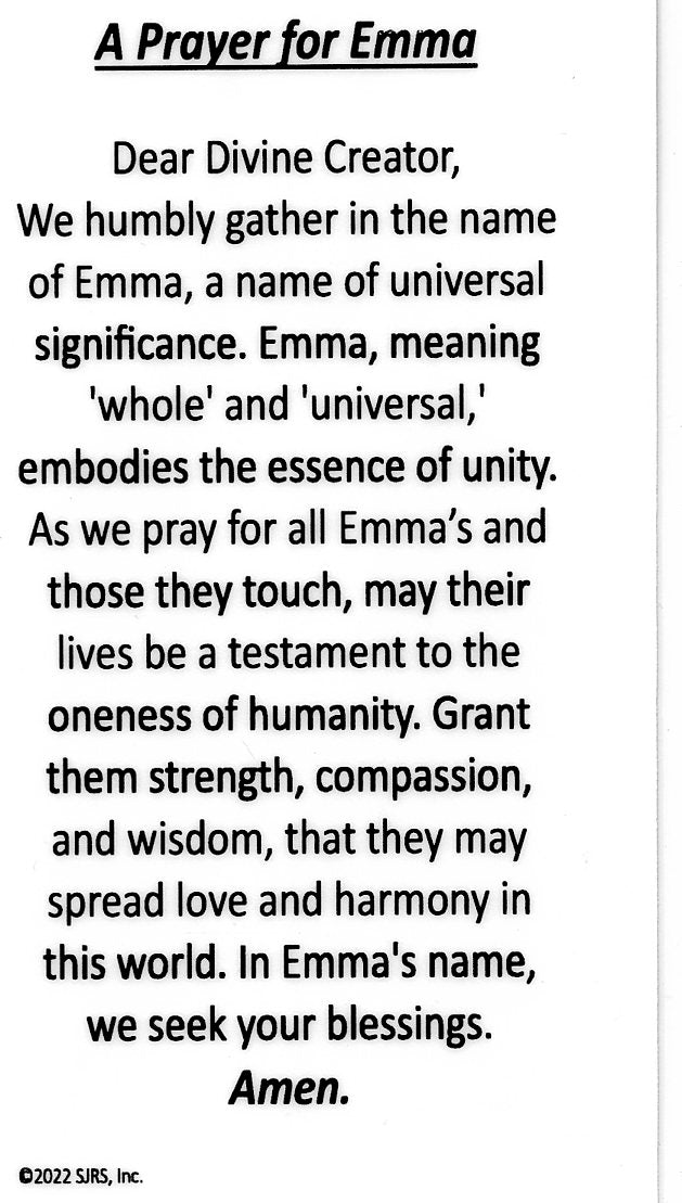 Note For Emma A Prayer for Emma U - LAMINATED HOLY CARDS- QUANTITY 25 PRAYER CARDS ...