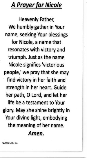 A Prayer for Nicole U - LAMINATED HOLY CARDS- QUANTITY 25 PRAYER CARDS