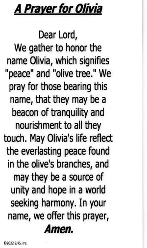 A Prayer for Olivia U - LAMINATED HOLY CARDS- QUANTITY 25 PRAYER CARDS