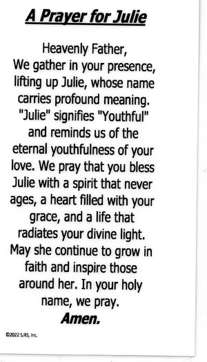A Prayer for Julie U - LAMINATED HOLY CARDS- QUANTITY 25 PRAYER CARDS