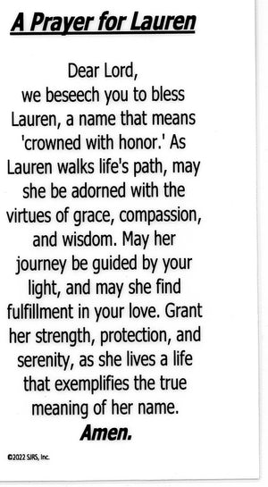 A Prayer for Lauren U - LAMINATED HOLY CARDS- QUANTITY 25 PRAYER CARDS