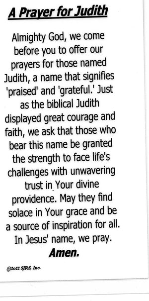 A Prayer for Judith U - LAMINATED HOLY CARDS- QUANTITY 25 PRAYER CARDS