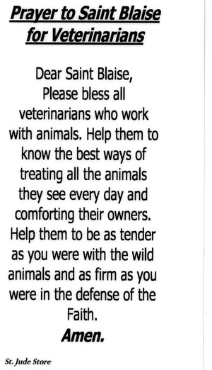 Prayer to Saint Blaise for Veterinarians U - LAMINATED HOLY CARDS- QUANTITY 25 PRAYER CARDS