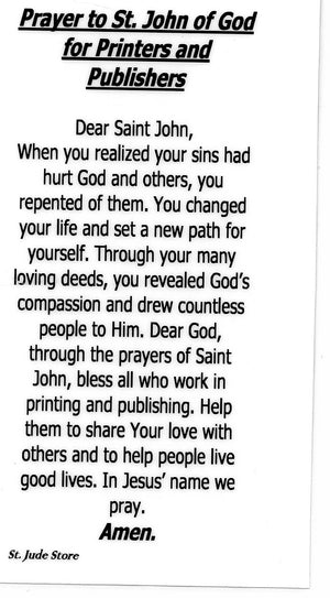 Prayer to St. John of God for Printers & Publishers U - LAMINATED HOLY CARDS- QUANTITY 25 PRAYER CARDS