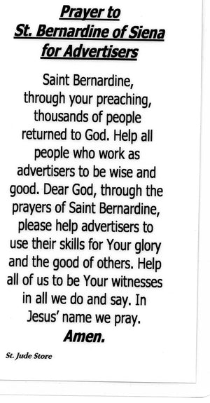 Prayer to St. Bernardine of Siena for Advertisers U - LAMINATED HOLY CARDS- QUANTITY 25 PRAYER CARDS