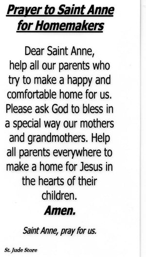 Prayer to Saint Anne for Homemakers U - LAMINATED HOLY CARDS- QUANTITY 25 PRAYER CARDS