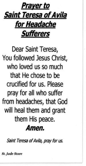 Prayer to Saint Teresa of Avila for Headache Sufferers U - LAMINATED HOLY CARDS- QUANTITY 25 PRAYER CARDS