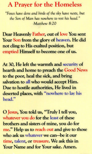 A Prayer for the Homeless N - LAMINATED HOLY CARDS- QUANTITY 25 PRAYER CARDS