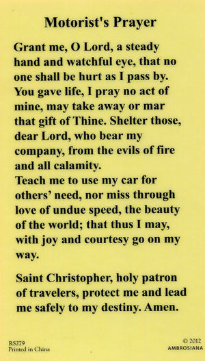 MOTORIST'S PRAYER- LAMINATED HOLY CARDS- QUANTITY 25 CARDS