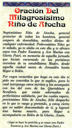 Oracion del Milagrosisimo Nino de Atocha N - LAMINATED HOLY CARDS- QUANTITY 25 PRAYER CARDS