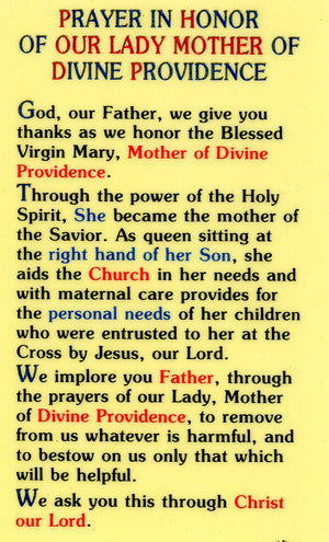 Our Lady Mother of Divine Providence N - LAMINATED HOLY CARDS- QUANTITY 25 PRAYER CARDS