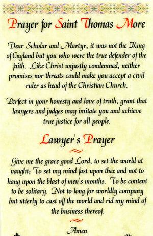 Prayer for St. Thomas More N - LAMINATED HOLY CARDS- QUANTITY 25 PRAYER CARDS