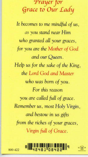 OUR LADY OF GRACE  - LAMINATED HOLY CARDS- QUANTITY 25 PRAYER CARDS