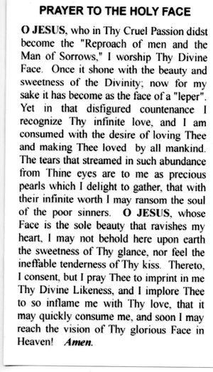 HOLY FACE PRAYER  - LAMINATED HOLY CARDS- QUANTITY 25 PRAYER CARDS