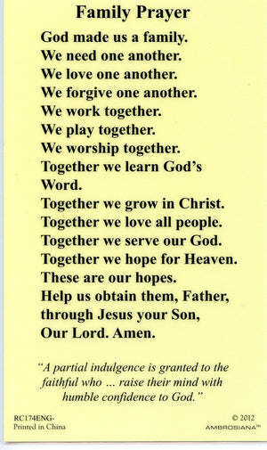 FAMILY PRAYER- LAMINATED HOLY CARDS- QUANTITY 25 PRAYER CARDS